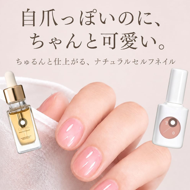 自然なピンクのネイルとセルフネイル用品を紹介する提供イメージ